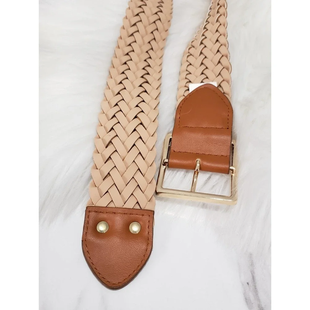 Vintage Nautica Braided Leather Belt tan brown brass buckle nautical old‎ money